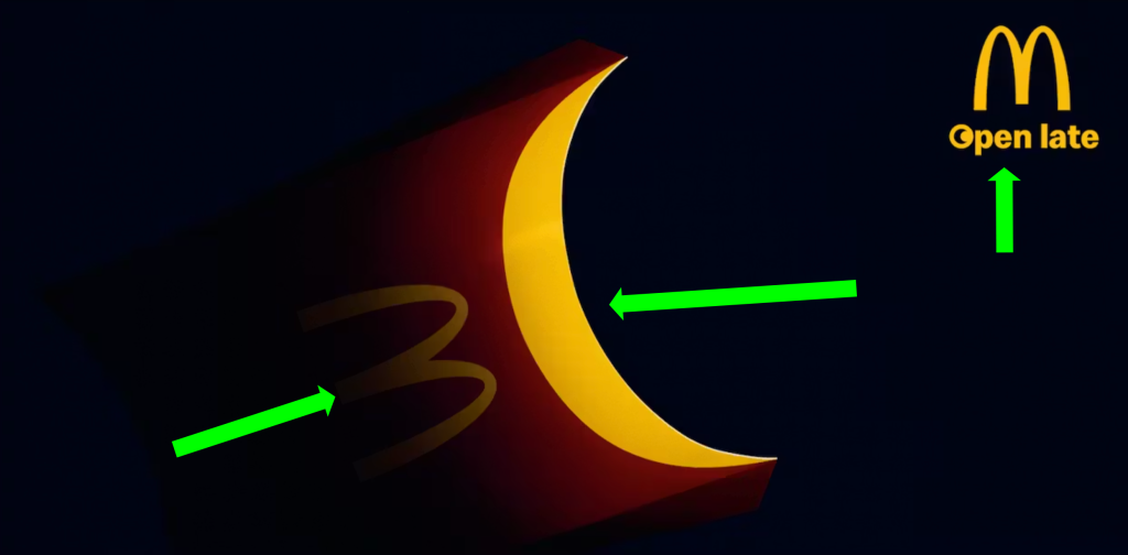 Open late ad with arrows showing color